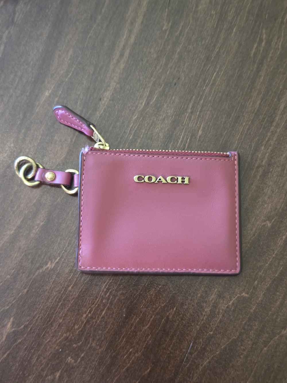 COACH Women's Pink Leather Zip Card Case Keyring